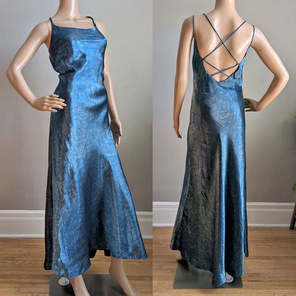 Vintage Dresses & Skirts - Vintage 90s Rue de la Paix Blue Prom Gown Slip Dress Maxi Strappy Size 9